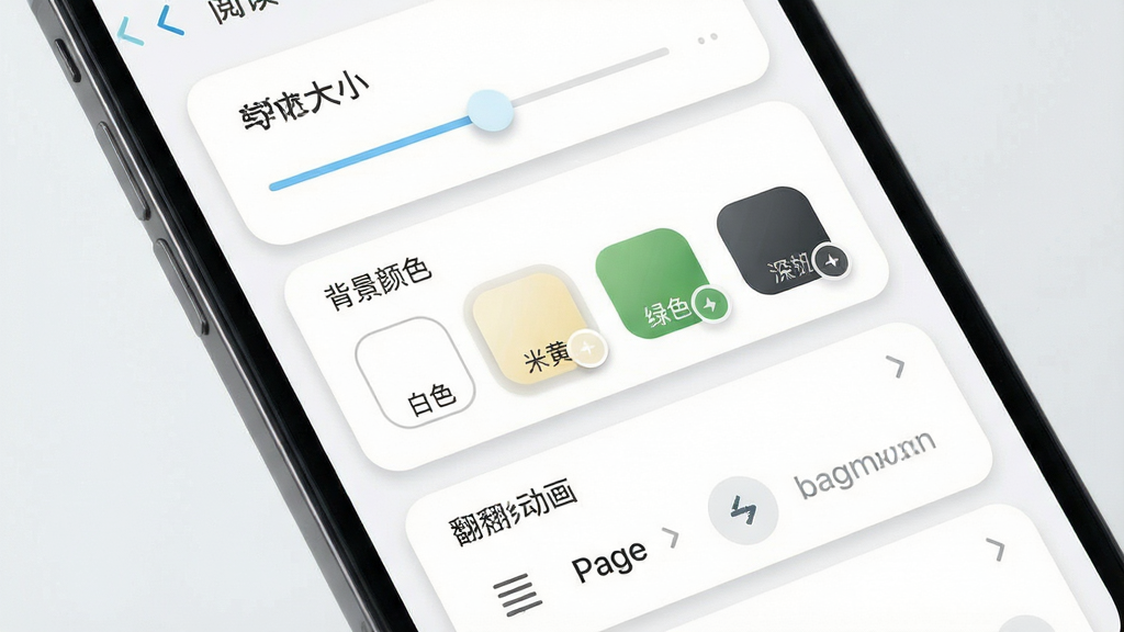 及目阅读软件功能展示图,主体为手机屏幕特写,屏幕中显示阅读设置面板,包含字体大小滑块、背景颜色选项(白色、米黄、绿色、深灰)、翻页动画选择列表,布局为纵向排列的卡片式面板,风格为清新浅色系,细节包括圆角卡片、柔和阴影、清晰的图标标注,画质高清,画面干净整洁,无多余元素