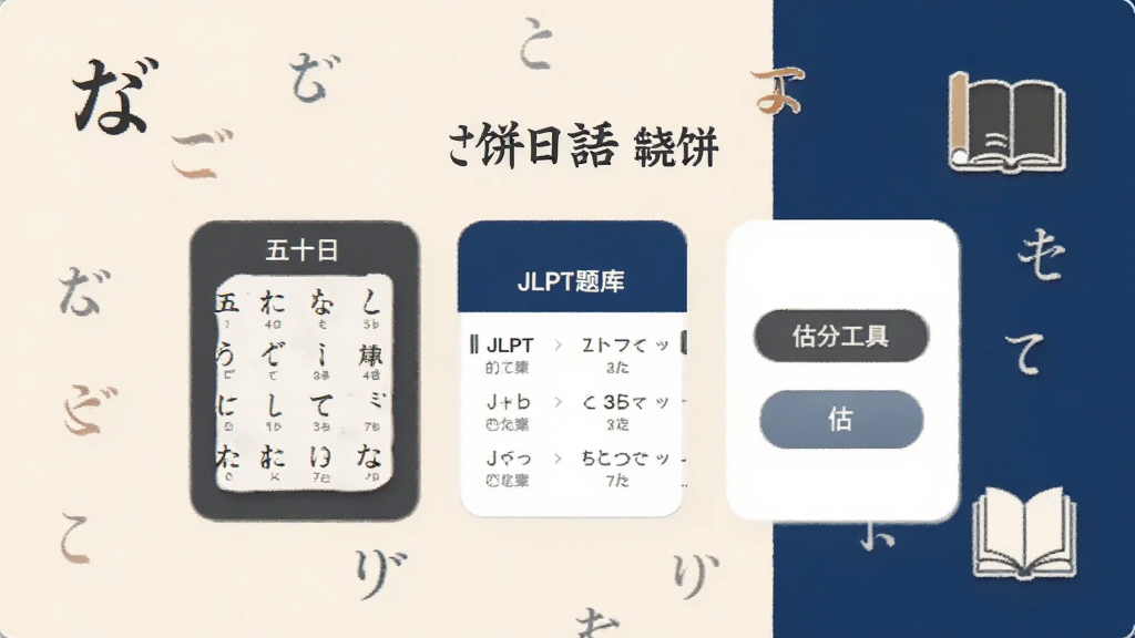 烧饼日语软件主界面展示,屏幕中央显示烧饼日语APP的首页布局,包含五十音图入口、JLPT题库分类、估分工具按钮,背景为浅米色与深蓝色搭配的日系简约风格,界面干净整洁,带有日语学习元素如假名符号和书本图标,画质清晰,无多余元素