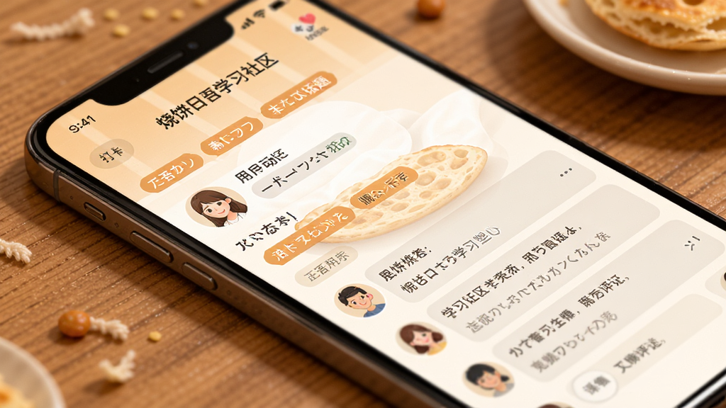 烧饼日语学习社区界面,手机屏幕展示用户打卡动态与评论区,界面有日语学习话题标签,背景为暖色调,人物头像与文字排版整洁,风格温馨,画质清晰无杂乱元素