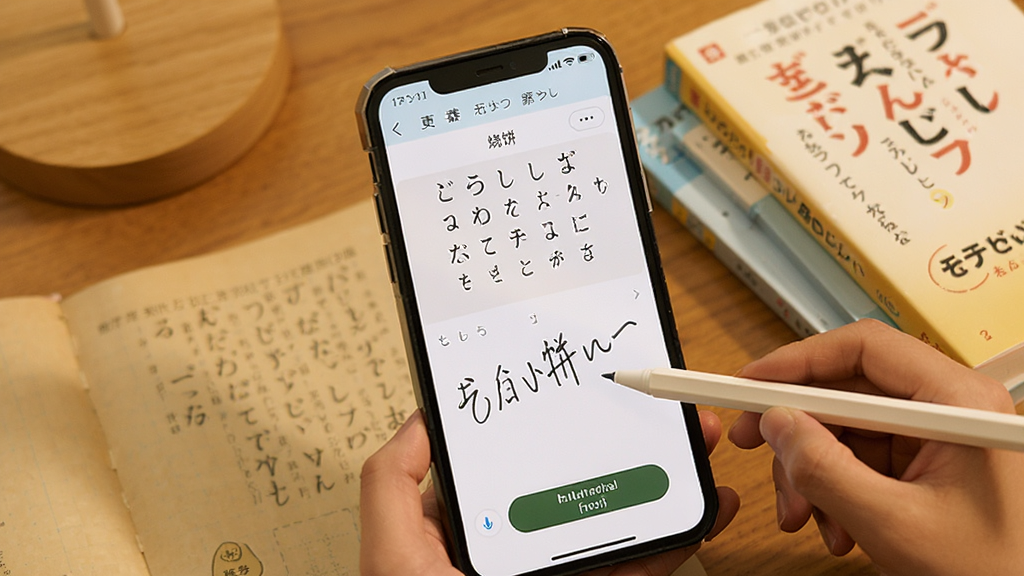 烧饼日语移动端学习场景展示,手机屏幕显示五十音图与假名书写练习,界面有手写笔迹与发音按钮,背景为书桌与日语教材,风格温馨,画质清晰