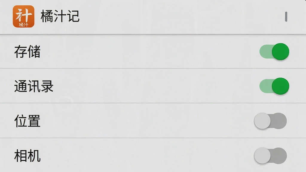 一张安卓手机设置界面的图片,画面显示应用权限管理页面,列表中有“存储”“通讯录”“位置”“相机”等选项,存储权限右侧开关为绿色开启状态,其他为灰色关闭状态,顶部有“橘汁记”应用名称,整体风格为原生安卓设置界面,画质清晰,干净无多余元素