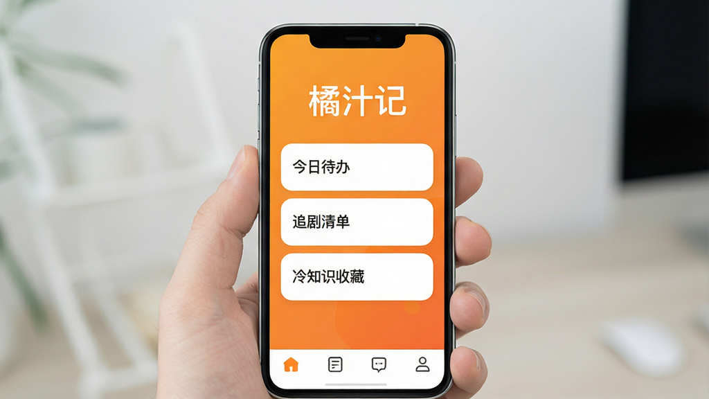 一张手机屏幕正面展示“橘汁记”应用主界面的图片,画面中央是橘色渐变背景,顶部有白色文字“橘汁记”,下方排列三张圆角卡片分别写着“今日待办”“追剧清单”“冷知识收藏”,底部有四个简洁的导航图标,整体风格清新明快,扁平化设计,画质清晰,干净无多余元素