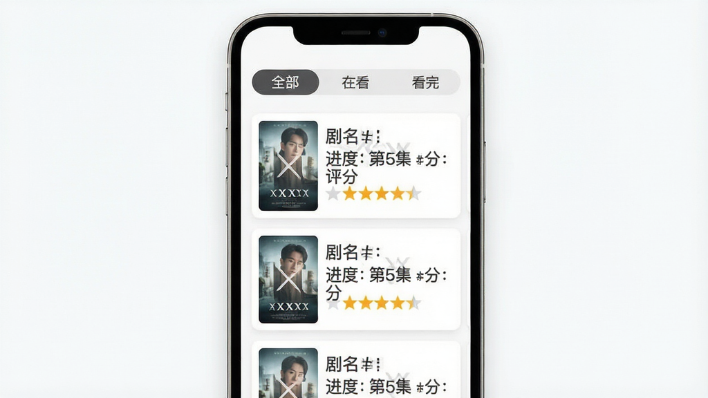 一张手机屏幕展示追剧进度管理界面的图片,画面中有多张剧集卡片,每张卡片左侧有封面缩略图占位,右侧显示“剧名:XXX 进度:第5集 评分:★★★★”,顶部有筛选标签“全部”“在看”“看完”,背景为白色,文字为深灰色,风格清爽素雅,画质清晰,干净无多余元素