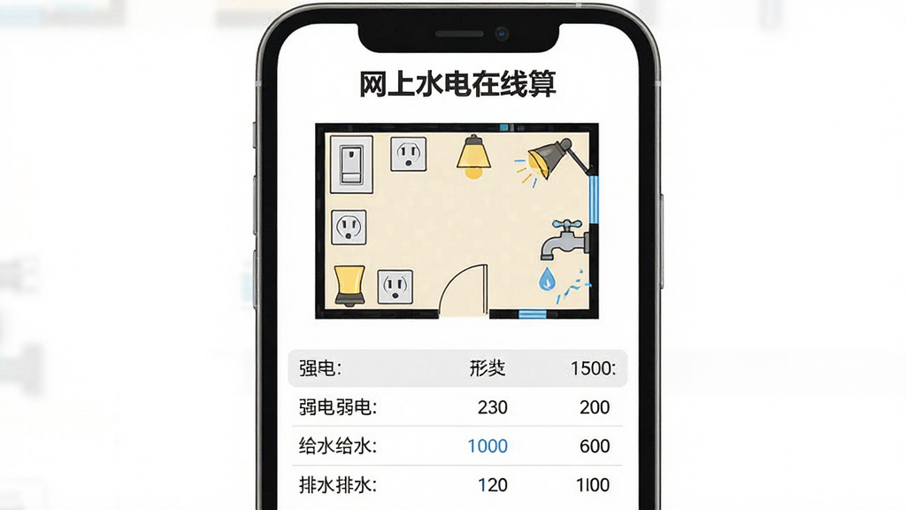 一张“网上水电在线算”计算界面图,画面中央为手机屏幕,屏幕上半部分显示房间平面示意图,图上有开关、插座、灯具、水龙头等图标,下半部分显示强电、弱电、给水、排水分类统计列表,背景为白色,风格为扁平化工具类界面插画,细节清晰,画质干净,无多余元素