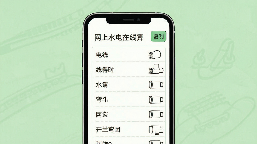 一张“网上水电在线算”材料清单展示图,画面中一部手机竖屏显示材料清单页面,清单包含电线、线管、水管、弯头、开关面板等条目,每条目右侧有数量单位,页面顶部有复制按钮,背景为浅绿色,风格为清新简约插画,布局整齐,画质清晰,无多余元素