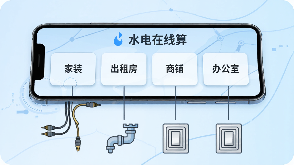 一张“网上水电在线算”功能展示图,画面中一部手机横向放置,屏幕显示家装、出租房、商铺、办公室四种场景选择卡片,卡片下方连接着电线、水管、开关面板的图标,背景为淡蓝色渐变,风格为简洁科技插画,布局清晰,画质干净,无多余元素