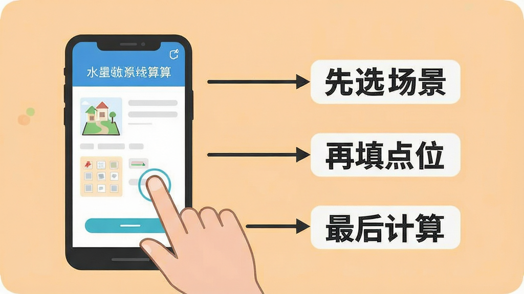 一张“网上水电在线算”新手操作示意图,画面中一部手机显示算量界面,旁边有手指点击屏幕的示意动作,画面中标注“先选场景”“再填点位”“最后计算”三个步骤标签,背景为浅橙色,风格为扁平化教程插画,布局清晰,画质干净,无多余元素