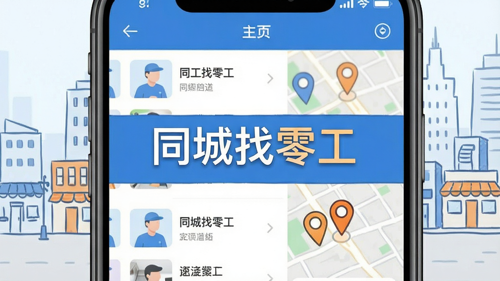 同城找零工APP主界面展示,手机屏幕中显示附近零工列表与地图定位标记,蓝色与橙色为主色调,界面干净整洁,扁平化设计风格,画面中央放置“同城找零工”文字标识,背景为城市街区简笔画,高清画质,无多余元素