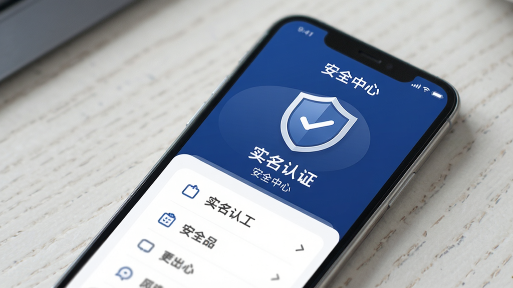 同城找零工APP实名认证与安全中心界面,手机屏幕显示盾牌图标与认证标识,文字包含“实名认证”“安全中心”,界面采用深蓝色与白色搭配,风格稳重,高清画质,无多余元素