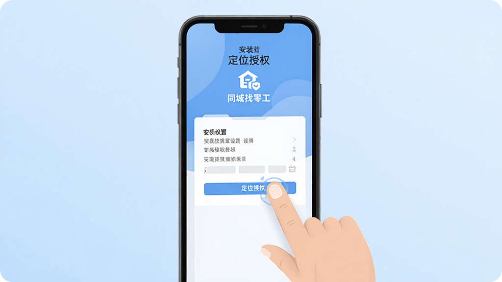 同城找零工APP使用教程示意图,手机屏幕显示安装权限设置与定位授权界面,画面中有手指点击操作,背景为浅蓝色渐变,扁平化插画风格,高清画质,无多余元素