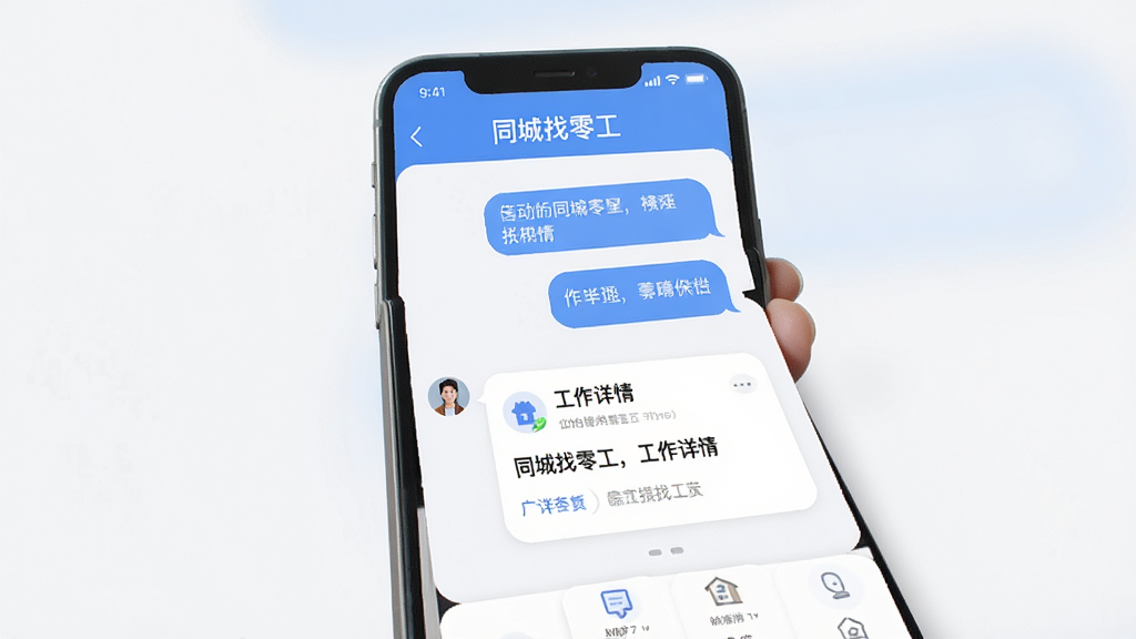 同城找零工APP聊天沟通界面,手机屏幕显示对话气泡与工作详情卡片,顶部有“同城找零工”文字,界面采用蓝白配色,气泡圆角设计,背景干净,扁平化UI风格,高清画质,无多余元素