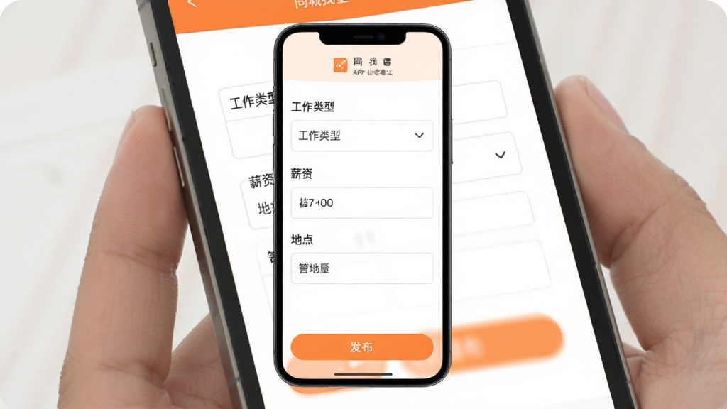 同城找零工APP岗位发布界面,手机屏幕显示表单填写区域与发布按钮,表单包含“工作类型”“薪资”“地点”等字段,界面采用橙色强调色,背景为纯白,扁平化设计,画质干净,无多余元素