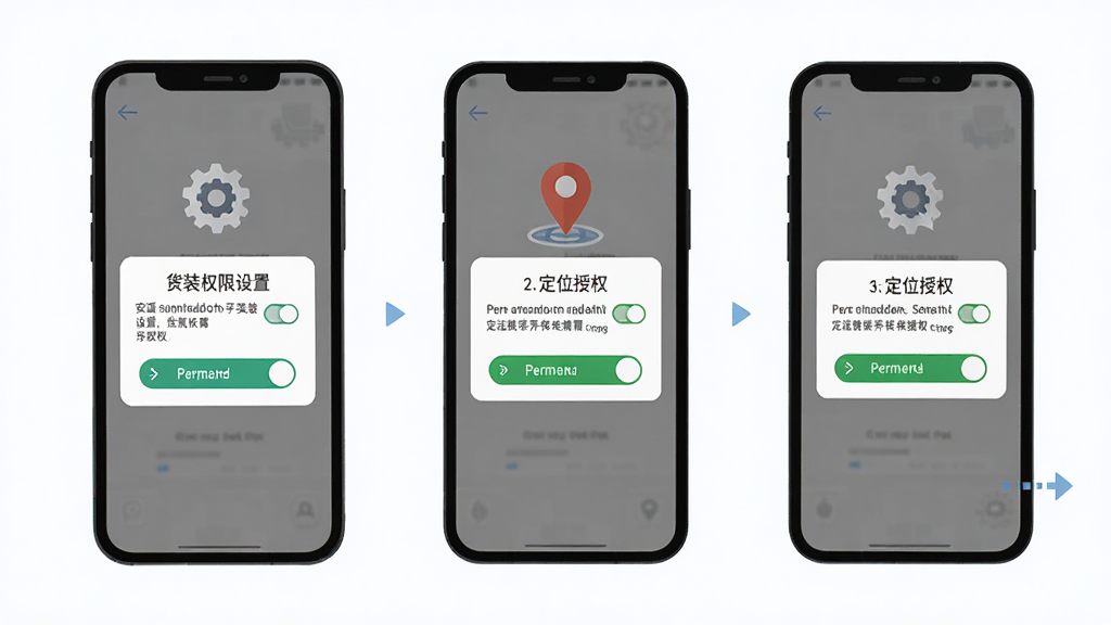 货运帮新手使用指南示意图,画面主体是手机屏幕显示安装权限设置和定位授权弹窗,布局为手机界面分步展示,排版清晰,风格为扁平化教程插画,细节包括设置齿轮图标、定位箭头、权限开关按钮,画质高清,干净,无多余元素
