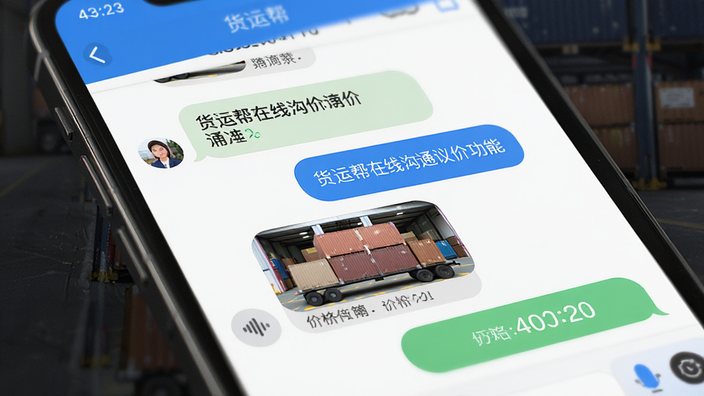 货运帮在线沟通议价功能界面,画面主体是手机聊天窗口显示货运帮对话内容,包含文字消息和语音条,布局为手机屏幕特写居中,排版简洁,风格为现代UI设计风,细节包括聊天气泡、货物图片、价格数字,画质高清,干净,无多余元素