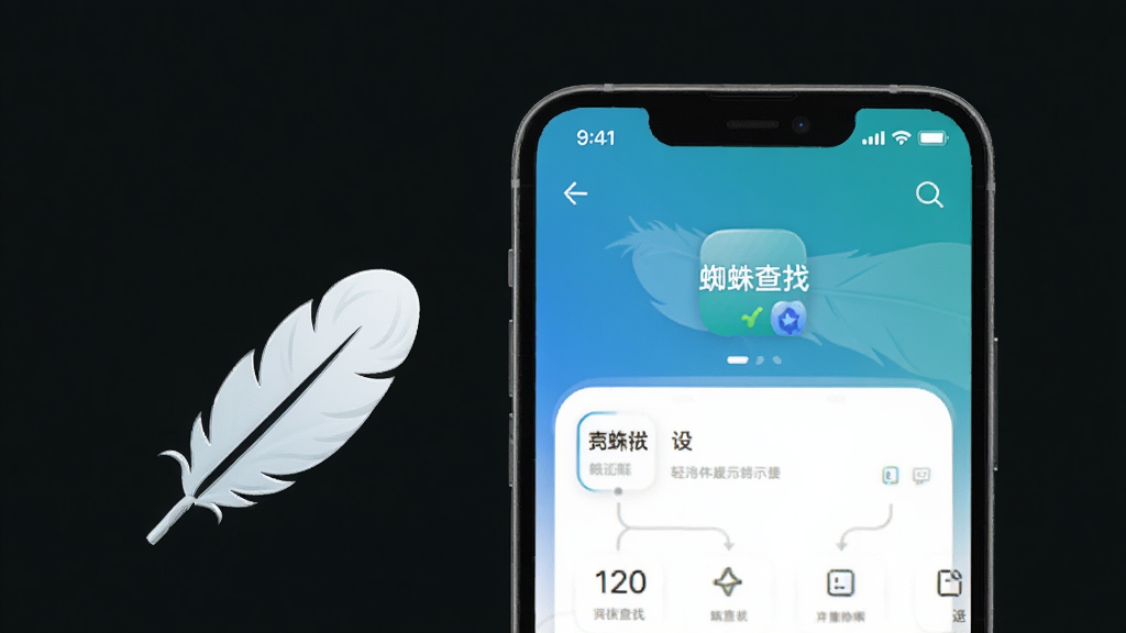 蜘蛛查找轻量运行展示图,画面中一部手机旁边放置着一个轻飘飘的羽毛图标,手机屏幕显示蜘蛛查找的运行界面,整体风格轻盈简洁,画质高清,干净无多余元素