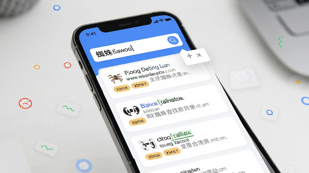 蜘蛛查找软件的全网聚合搜索功能展示图,画面中一部手机屏幕显示搜索框输入关键词后弹出多条来自不同来源的搜索结果列表,每条结果带有来源标签,界面采用卡片式布局,风格清爽,画质高清,干净整洁