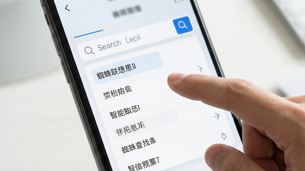 蜘蛛查找关键词智能联想功能界面图,手机屏幕展示搜索框下方弹出多个联想词列表,用户手指正在点击其中一个联想词,背景为浅色主题,界面元素清晰,画质精细,无多余装饰