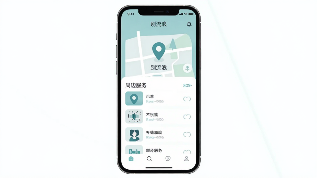 主体是一个简洁的手机应用界面展示,布局为居中放置的手机屏幕,屏幕内显示“别流浪”应用首页,包含地图定位图标和周边服务列表,排版清晰有序,风格为现代扁平化设计,细节上带有柔和的蓝绿色调,画质清晰干净无多余元素