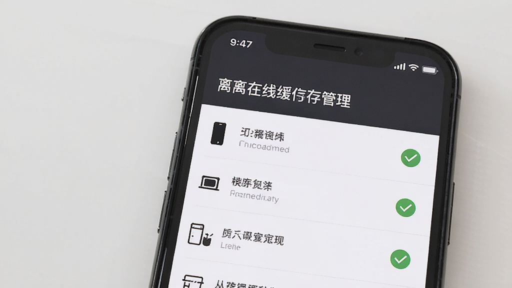 主体是一个手机界面显示离线缓存管理页面,布局为顶部标题下方缓存列表,排版整齐,风格为素雅极简风,细节上带有下载完成的对勾图标,画质清晰干净无多余元素