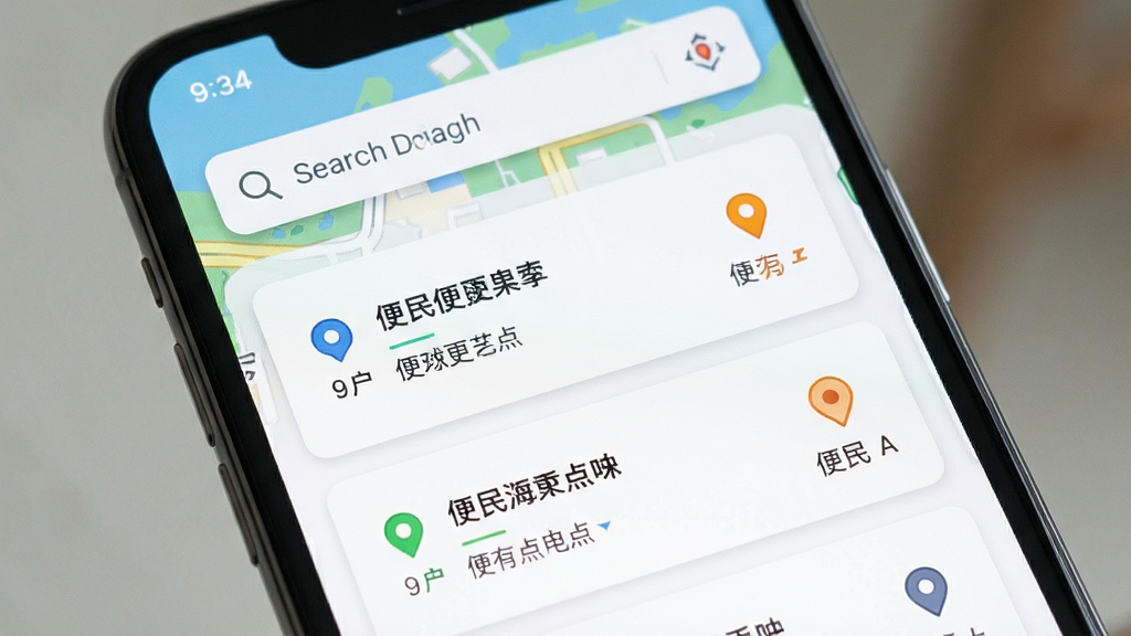主体是一个手机屏幕展示地图界面,布局为上方搜索栏下方列表,排版采用卡片式设计,风格为清新简约风,细节上标注多个便民点位图标,画质清晰干净无多余元素