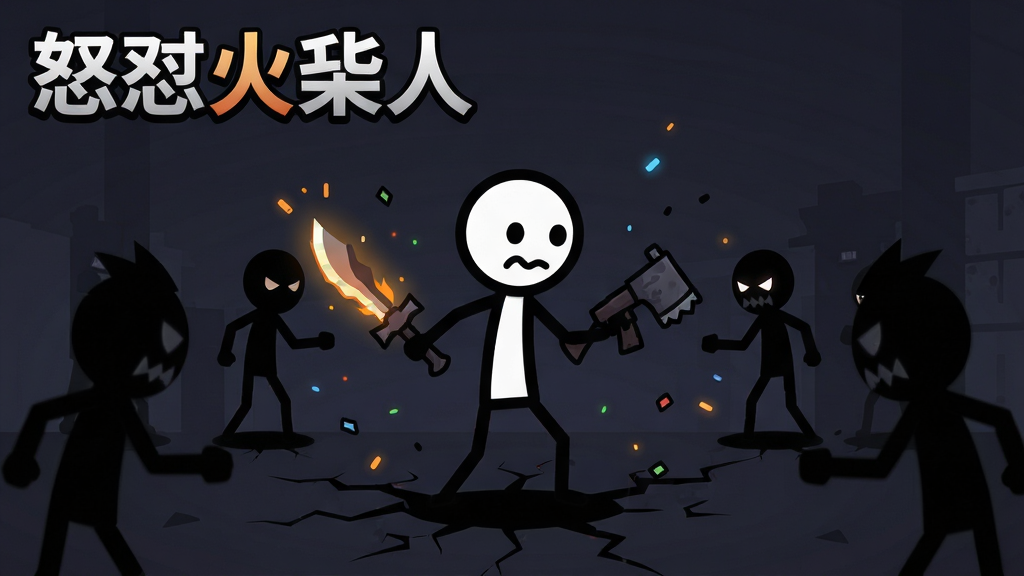 整体画面以深色背景为主,中央位置站立一个手持武器的火柴人角色,周围环绕多个敌对火柴人剪影,画面左上角显示游戏名称“怒怼火柴人”,布局采用居中构图,风格为扁平化卡通与暗黑剪影结合,细节包括武器光效、地面裂纹与飘散的粒子,画质清晰干净,无多余元素,适合作为游戏下载页主视觉图。