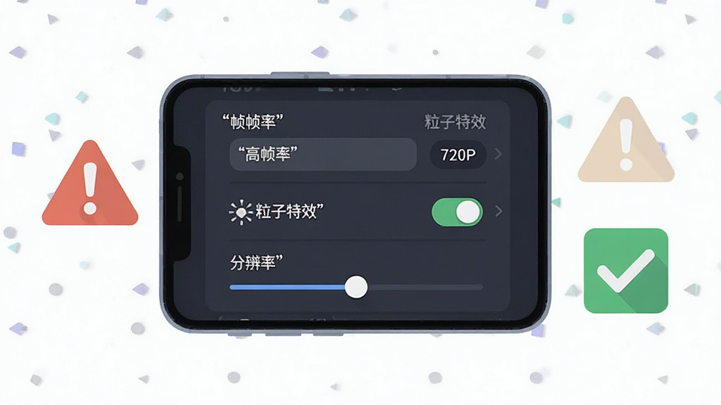 画面展示一部手机屏幕显示游戏设置界面,界面中包含帧率选项、粒子特效开关与分辨率调节滑块,手机旁边放置一个警告图标与一个勾选图标,布局为手机侧放与图标环绕,风格为扁平化UI插画,细节包括设置项文字以引号标注“高帧率”“粒子特效”“720P”,画质清晰干净,无多余元素。