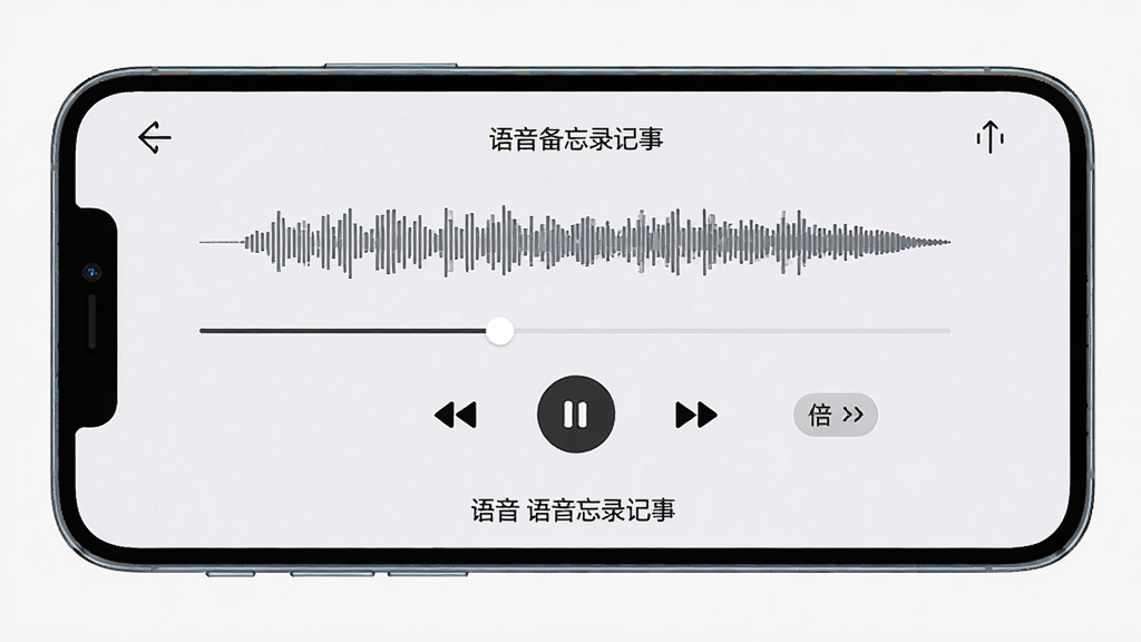 一部手机横屏展示语音备忘录记事的播放界面,屏幕中央有音频波形进度条和播放控制按钮,包括快进、快退、倍速选项,界面底部显示录音文件名,背景为浅灰色,风格简洁现代,画面中包含“语音备忘录记事”文字,画质高清,布局干净有序