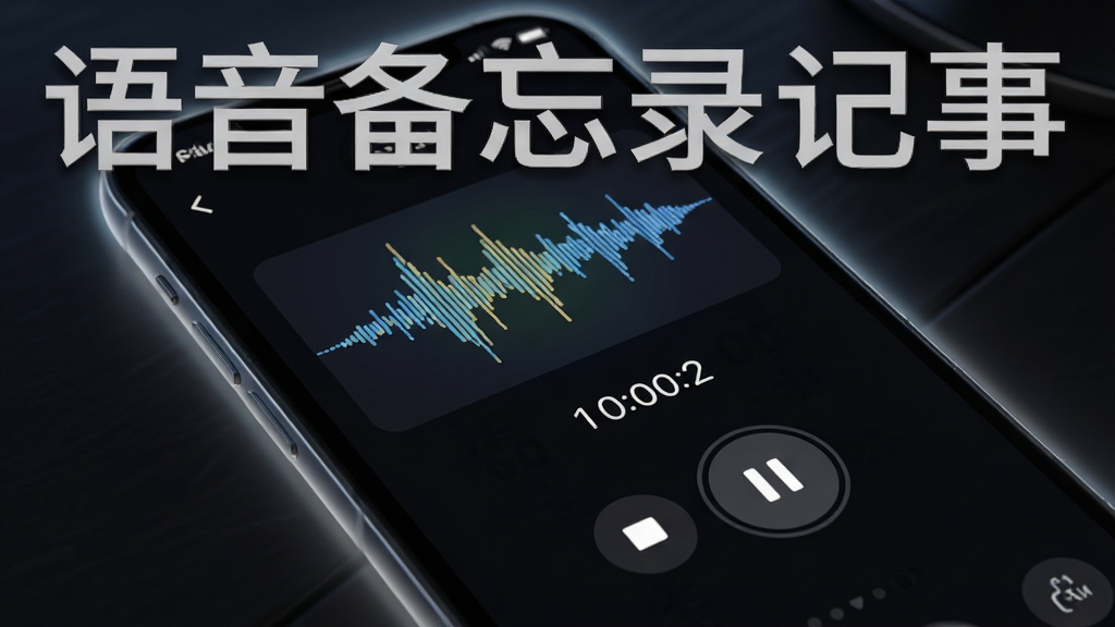 一部手机特写画面,屏幕显示语音备忘录记事的录音进行中界面,中央有跳动的音频波形图和计时数字,底部是停止与暂停按钮,背景为深色主题,画面风格科技感十足,手机周围有微弱光晕,突出“语音备忘录记事”文字水印,画质清晰,干净无多余元素