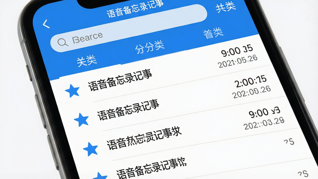一张手机应用界面展示图,画面中手机屏幕显示语音备忘录记事的录音文件列表,每条记录左侧有星标图标,右侧显示时长和日期,顶部有搜索栏和分类标签,整体配色为蓝白相间,风格清新简约,界面中可见“语音备忘录记事”文字,布局整齐,画质高清,干净无多余元素