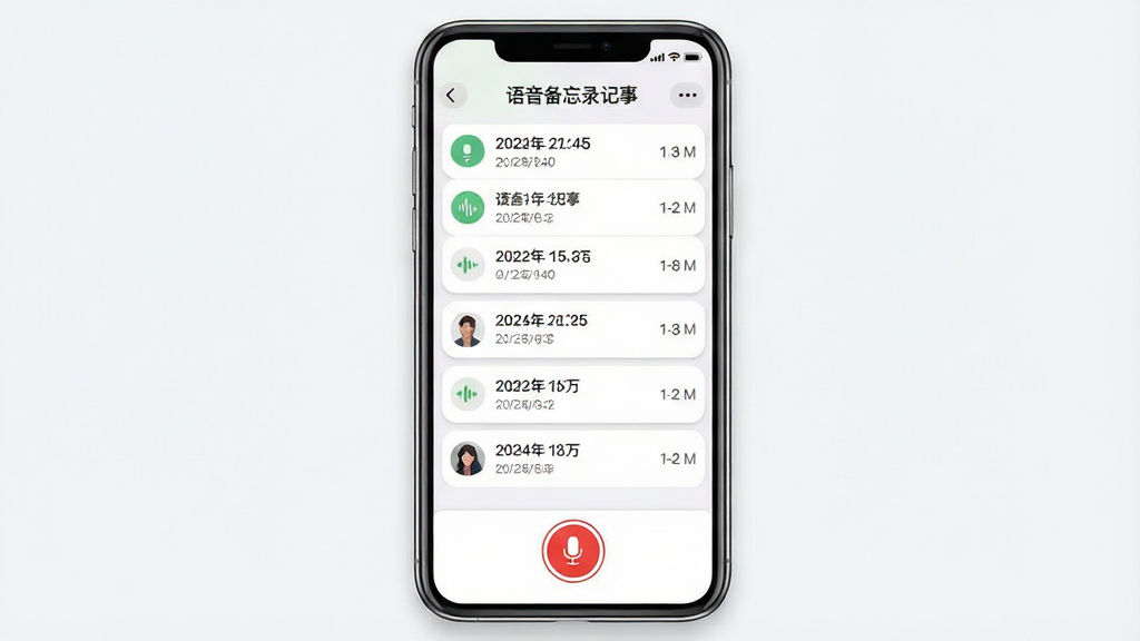 一张展示语音备忘录记事软件主界面的手机截图,画面中央是一部竖屏智能手机,屏幕显示录音列表界面,顶部有“语音备忘录记事”文字标题,列表中有多条录音条目,每条显示日期、时长和名称,界面底部有一个醒目的红色圆形录音按钮,整体布局简洁清晰,风格为现代扁平化UI设计,细节包括图标、阴影和圆角元素,画质高清,干净无多余元素