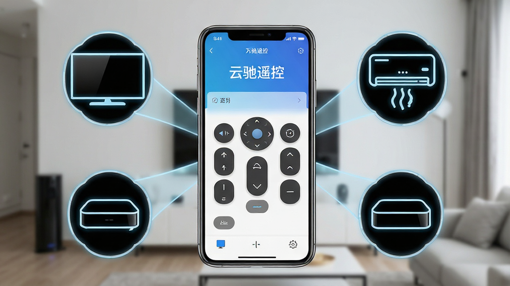 一张展示智能手机作为万能遥控器控制客厅家电的场景图,画面中央是一部手机,屏幕显示“云驰遥控”应用界面,周围环绕着电视、空调、机顶盒等家电图标,布局采用中心辐射式排版,风格为现代科技感简约风,细节包括手机屏幕上的遥控按钮和家电设备的高亮轮廓,画质清晰,干净,无多余元素