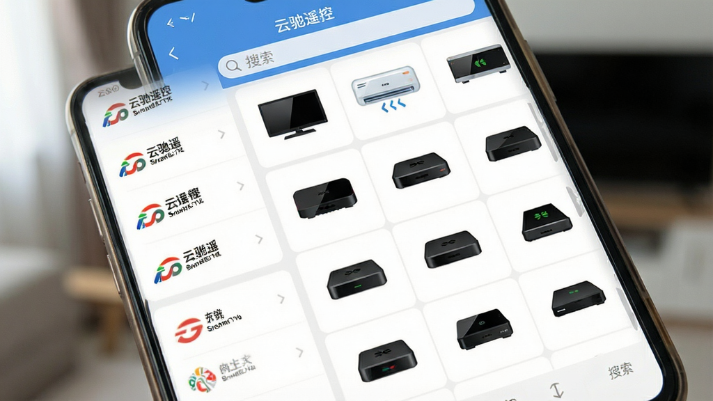 一张展示“云驰遥控”应用内设备码库选择界面的图片,画面主体是手机屏幕,屏幕上整齐排列着电视、空调、机顶盒等设备图标,布局为垂直列表与网格混合排版,风格为清新扁平化设计,细节包括品牌logo和搜索框,画质清晰,干净,无多余元素