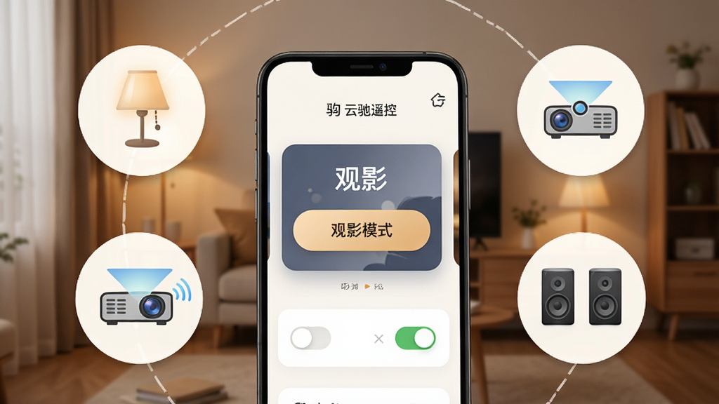 一张展示“云驰遥控”场景联动模式的界面图,画面中手机屏幕显示“观影模式”按钮,周围环绕着灯光、投影仪、音响等设备图标,布局为环绕式排版,风格为温馨家居科技风,细节包括场景名称和开关状态,画质清晰,干净,无多余元素