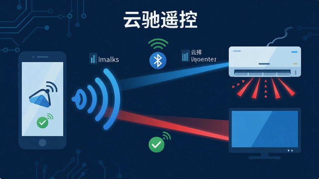 一张展示“云驰遥控”蓝牙与红外双模连接原理的示意图,画面左侧是手机图标,右侧是空调和电视图标,中间用蓝牙信号波纹和红外光线两种路径连接,布局为左右对称式,风格为科技蓝调扁平插画,细节包括信号强度指示和连接状态图标,画质清晰,干净,无多余元素