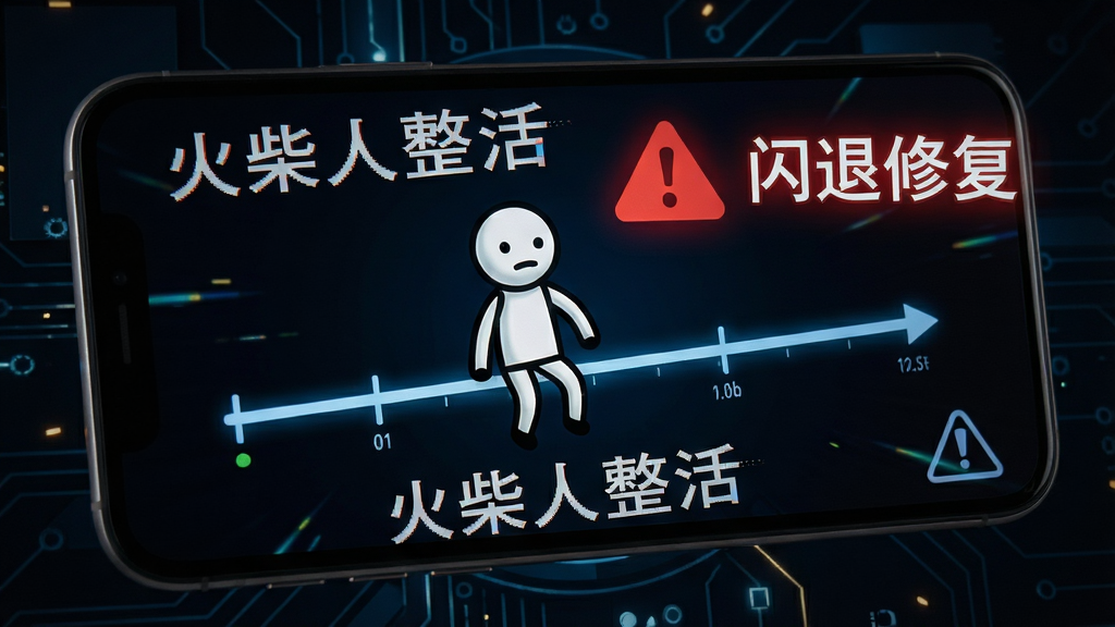 画面展示一个手机屏幕,屏幕中火柴人角色卡在时间轴上,旁边有红色警告图标和“闪退修复”文字提示,背景为深色科技风格,布局清晰,细节突出,画质干净,无多余元素,画面中包含“火柴人整活”字样
