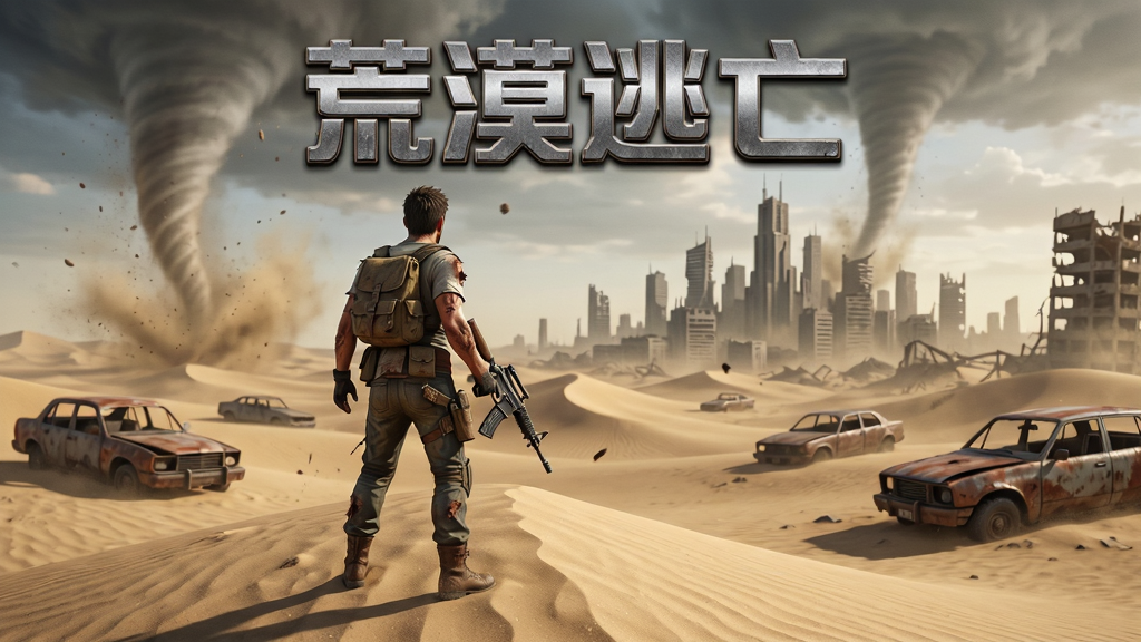 荒漠逃亡游戏主界面全景展示,画面中央是手持武器的幸存者站在沙丘高处眺望远方废土城市,背景有龙卷风和废弃车辆,布局采用宽幅横向构图,排版上游戏名称“荒漠逃亡”以金属质感字体置于顶部居中,风格为末日废土写实CG,细节包括角色服装磨损痕迹、沙粒飞扬效果、远处建筑残骸,画质为4K高清,干净无多余元素