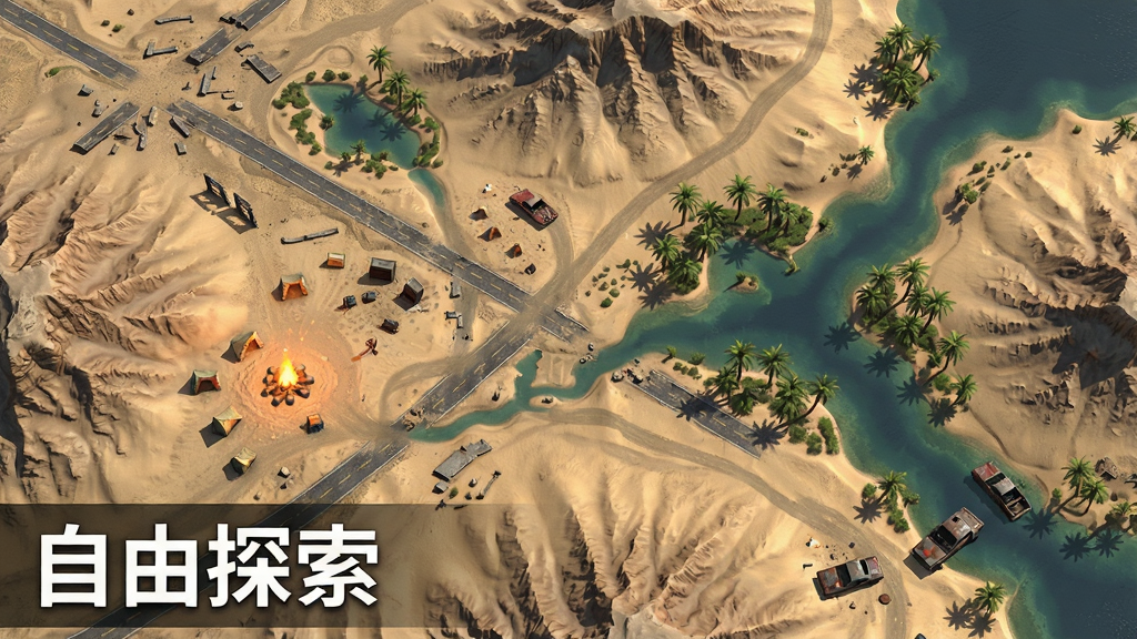 荒漠逃亡开放世界地图俯瞰场景,画面主体为广袤沙漠与零星绿洲,布局采用对角线构图展示地形起伏,排版上在左下角标注“自由探索”字样,风格为卫星地图与游戏原画结合,细节包括公路遗迹、营地篝火、车辆残骸,画质为高清写实,干净无多余元素