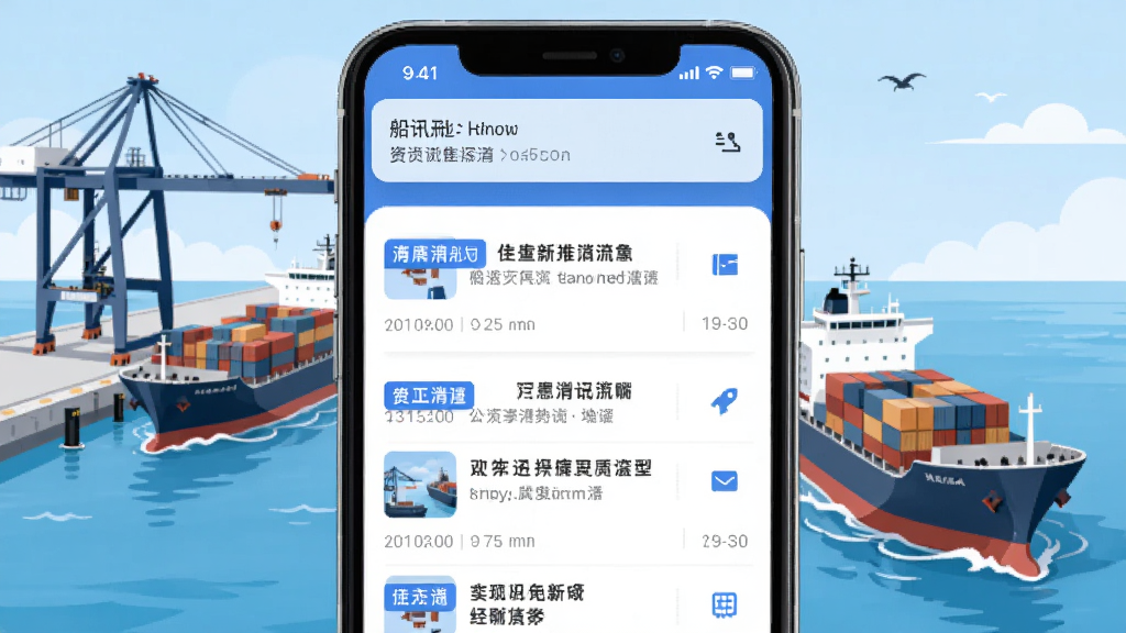 画面展示船讯通APP的资讯推送界面,手机屏幕上方显示通知横幅,下方是新闻列表,背景是航运港口和货船的插画,布局采用上下结构,风格为商务简约风,细节包括蓝色标签、时间戳和图标,画质高清干净,无多余元素