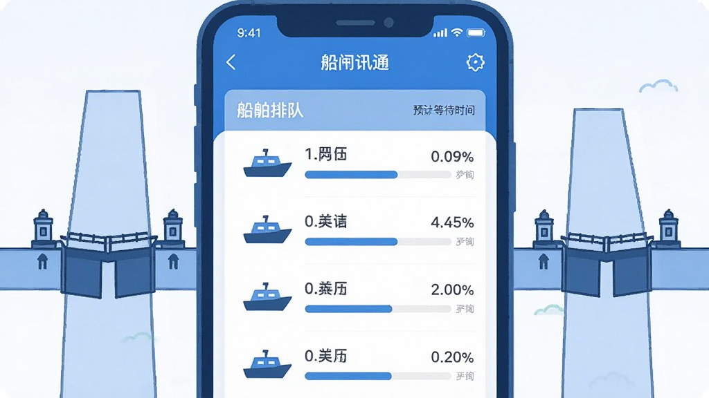 画面以蓝色调为主,展示船讯通APP的待闸查询界面,屏幕中央显示船舶排队列表和预计等待时间,周围环绕着运河和闸口的简笔画元素,布局采用手机屏幕居中、信息环绕的排版,风格为清爽扁平化设计,细节包括数字标签、进度条和船舶图标,画质清晰干净,无多余元素