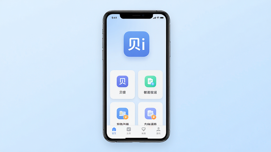 一张展示“贝i”软件主界面的预览图,主体为居中放置的智能手机,屏幕上显示“贝i”应用图标和简洁的卡片式功能布局,背景为柔和的浅蓝色渐变,布局采用居中构图,风格为现代扁平化UI设计,细节包含圆角图标、清晰的文字标签和底部导航栏,画质高清,画面干净,无多余元素。