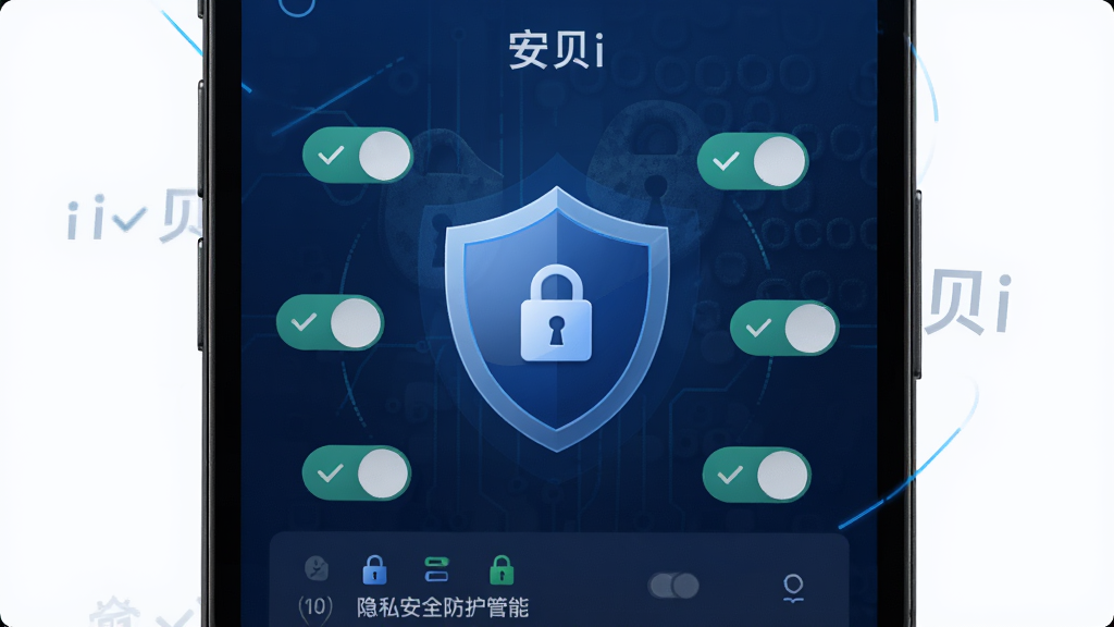 一张展示“贝i”隐私安全防护功能的预览图,主体为手机屏幕显示安全盾牌图标和权限管理列表,布局为居中盾牌与环绕的权限开关,风格为深蓝色科技安全风格,细节包含勾选标记、锁形图标、加密纹理背景,画质高清,画面干净,无多余元素。