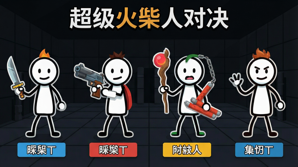 一张角色选择界面的概念图,画面中排列着六个造型各异的火柴人角色,分别手持刀、枪、法杖、双节棍等武器,每个角色下方有名称标签。背景是暗色网格训练场,顶部有“超级火柴人对决”标题文字。整体采用扁平化设计风格,色彩明快,角色轮廓清晰,画质干净无杂乱元素。