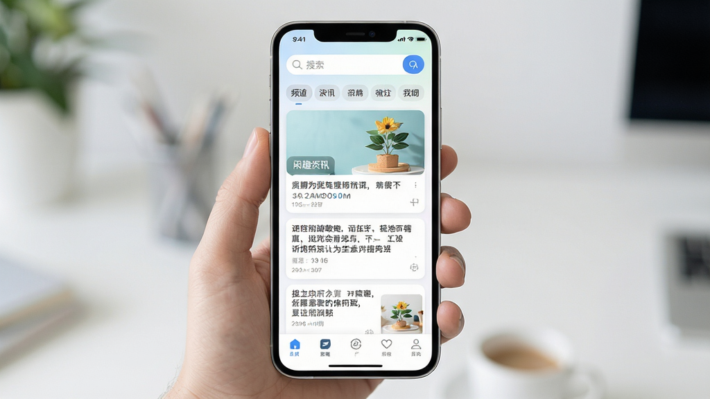 闲趣看点手机APP主界面全貌展示,画面中央是清晰明亮的资讯信息流卡片,上方有搜索栏与频道分类标签,底部为简洁导航栏,整体布局整齐有序,配色清新舒适,风格现代简约,细节精致,画质高清,干净通透,无多余元素