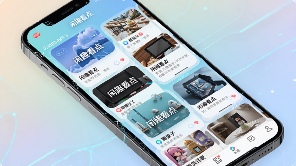 闲趣看点APP智能推荐功能界面展示,手机屏幕中显示多个不同兴趣标签的资讯卡片,卡片上有