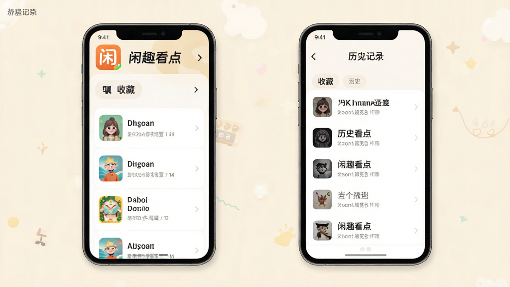 闲趣看点APP收藏与历史记录功能界面,手机屏幕中展示收藏列表与历史浏览记录,界面中有