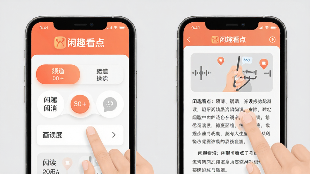 闲趣看点APP操作指南示意图,手机屏幕展示频道切换与文章阅读手势操作,画面中有