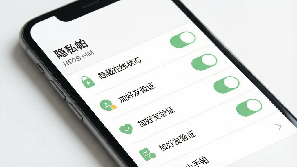 一张表现“小手帕”隐私设置页面的示意图。画面主体是手机屏幕,屏幕中显示多个开关按钮和选项列表,如“隐藏在线状态”“加好友验证”。布局为垂直列表,背景为白色。风格为极简UI,细节包括清晰的图标和柔和的绿色强调色。画质高清,干净,无多余元素。