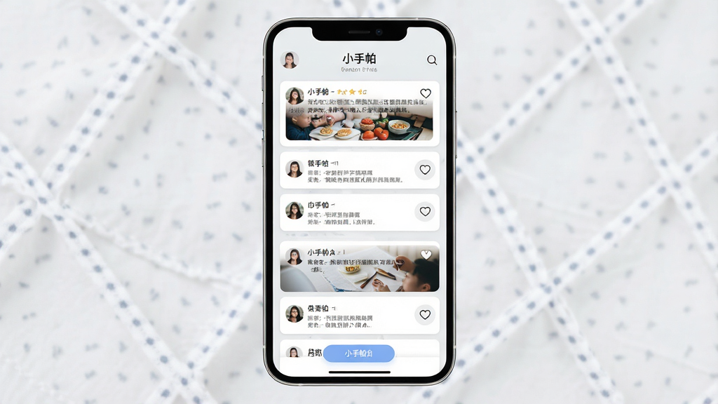 一幅“小手帕”动态广场界面的示意图。画面主体为手机屏幕,屏幕中显示多条用户动态卡片,包含图片、文字和点赞图标。布局采用瀑布流式排列,背景为淡灰色。风格为现代简约,细节包括清晰的卡片分隔和柔和的按钮。画质高清,干净,无多余元素。