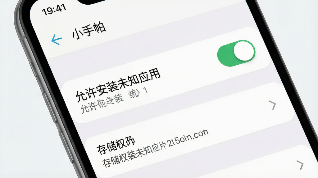 一张展示“小手帕”安装权限设置界面的示意图。画面主体是手机屏幕,屏幕中显示“允许安装未知应用”的开关和存储权限选项。布局为设置页面特写,背景为浅色。风格为写实UI,细节包括清晰的开关状态和系统字体。画质高清,干净,无多余元素。