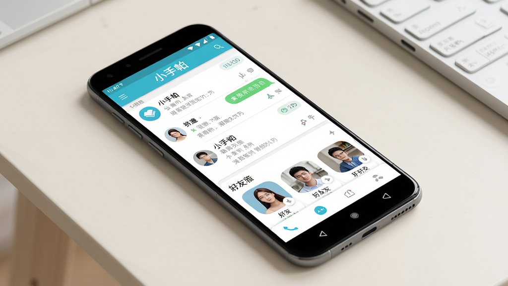 一张展示“小手帕”手机应用界面的干净预览图。画面中央放置一部安卓手机,屏幕显示“小手帕”应用的主页,包含聊天列表与好友推荐卡片。背景为浅色简约桌面,整体布局清爽。风格为写实产品展示,细节包括圆润图标与柔和阴影。画质高清,干净,无多余元素。